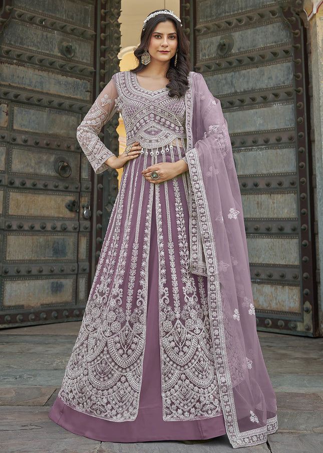 Purple Embroidered Lehenga/ Pant Style Anarkali