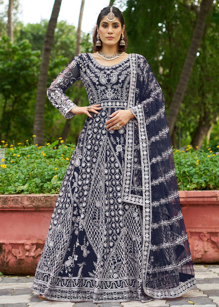 Navy Blue Embroidered Anarkali