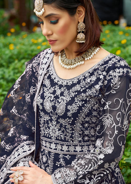 Navy Blue Embroidered Anarkali