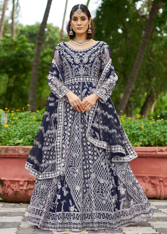 Navy Blue Embroidered Anarkali
