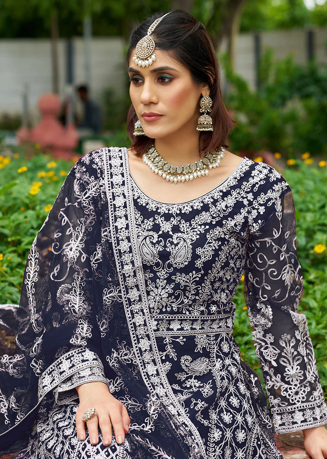 Navy Blue Embroidered Anarkali