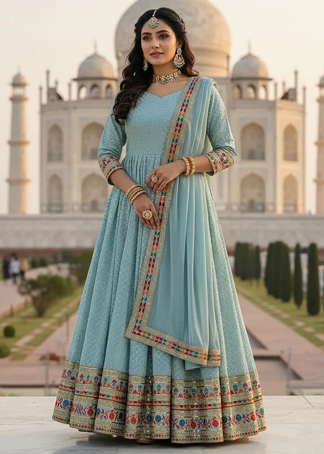 Sky Blue Embroidered Anarkali Gown
