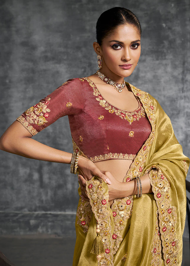 Mustard Yellow and Rust Embroidered Wedding Saree