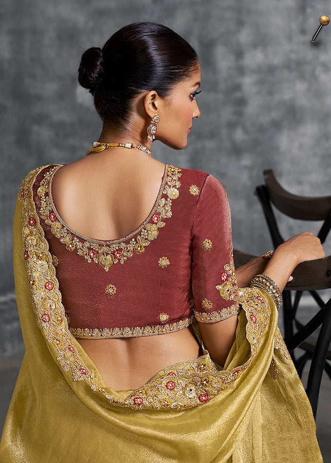 Mustard Yellow and Rust Embroidered Wedding Saree