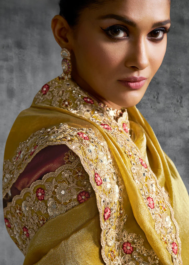 Mustard Yellow and Rust Embroidered Wedding Saree