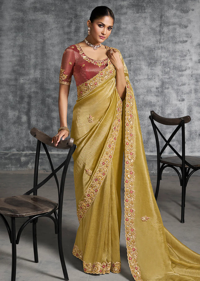 Mustard Yellow and Rust Embroidered Wedding Saree