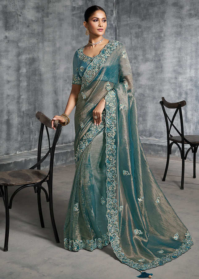 Teal Embroidered Wedding Saree