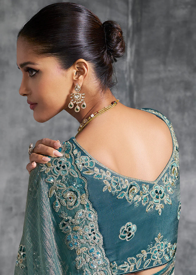 Teal Embroidered Wedding Saree