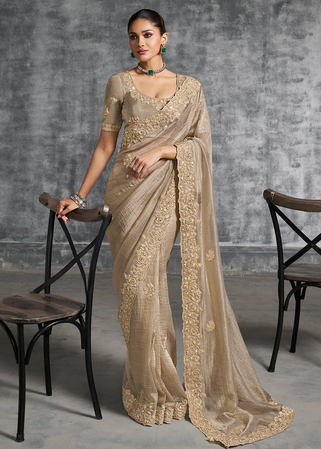 Beige Embroidered Wedding Saree