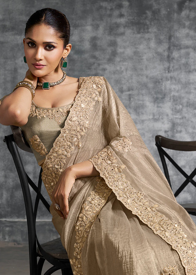 Beige Embroidered Wedding Saree