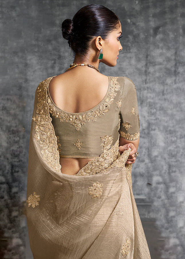 Beige Embroidered Wedding Saree