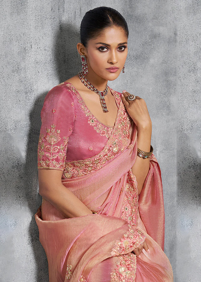 Pink Embroidered Wedding Saree