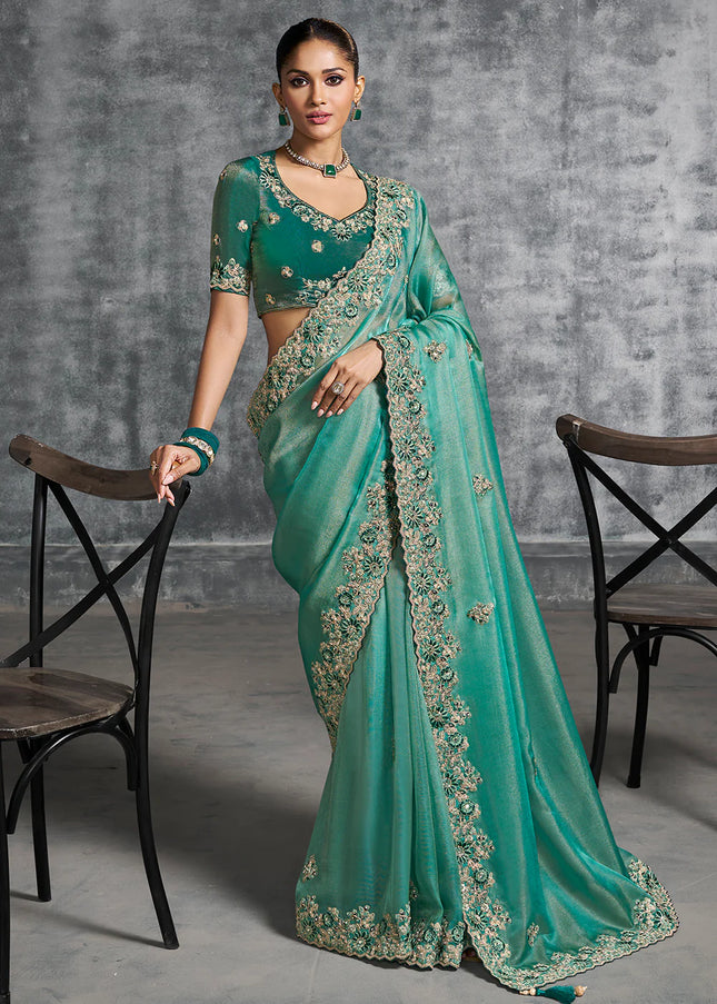 Turquoise Embroidered Wedding Saree