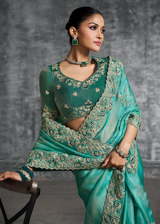 Turquoise Embroidered Wedding Saree