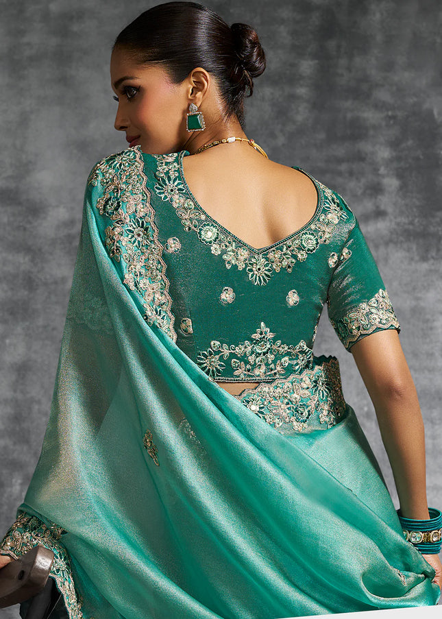 Turquoise Embroidered Wedding Saree