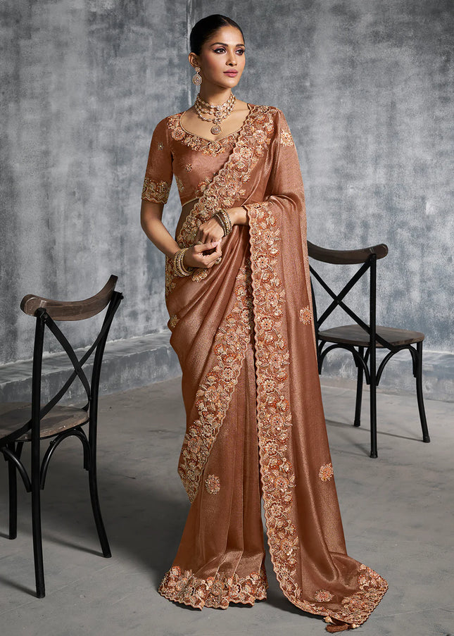 Rust Embroidered Wedding Saree