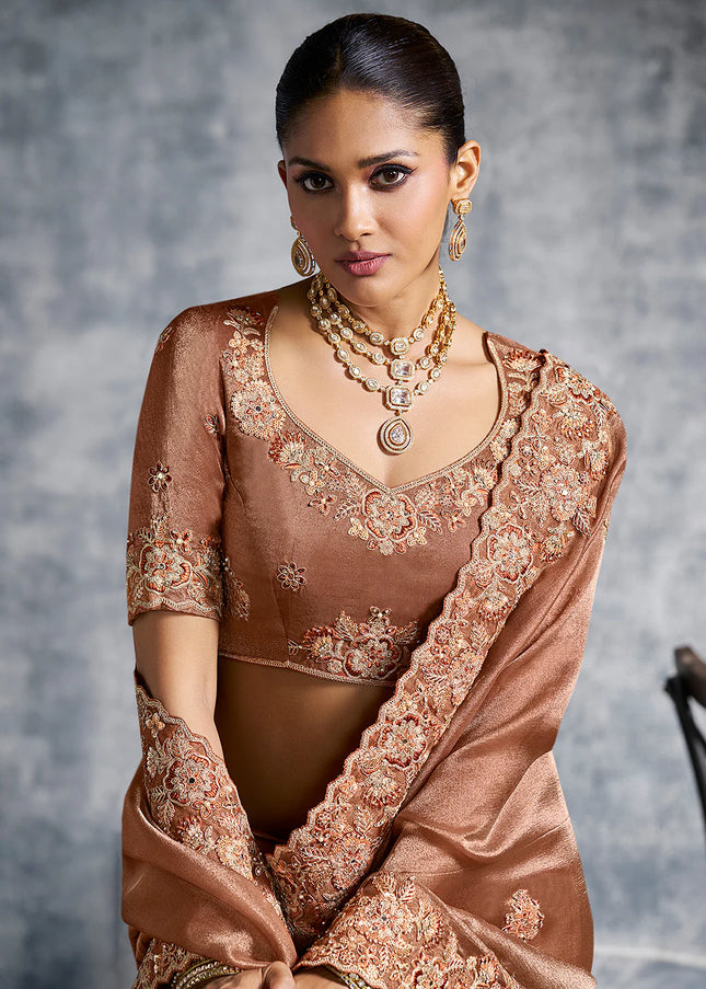 Rust Embroidered Wedding Saree