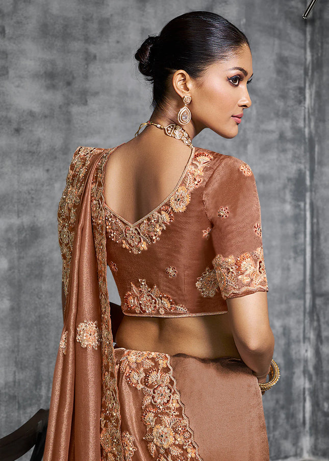 Rust Embroidered Wedding Saree