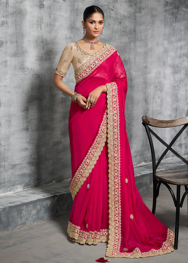 Pink and Beige Embroidered Wedding Saree