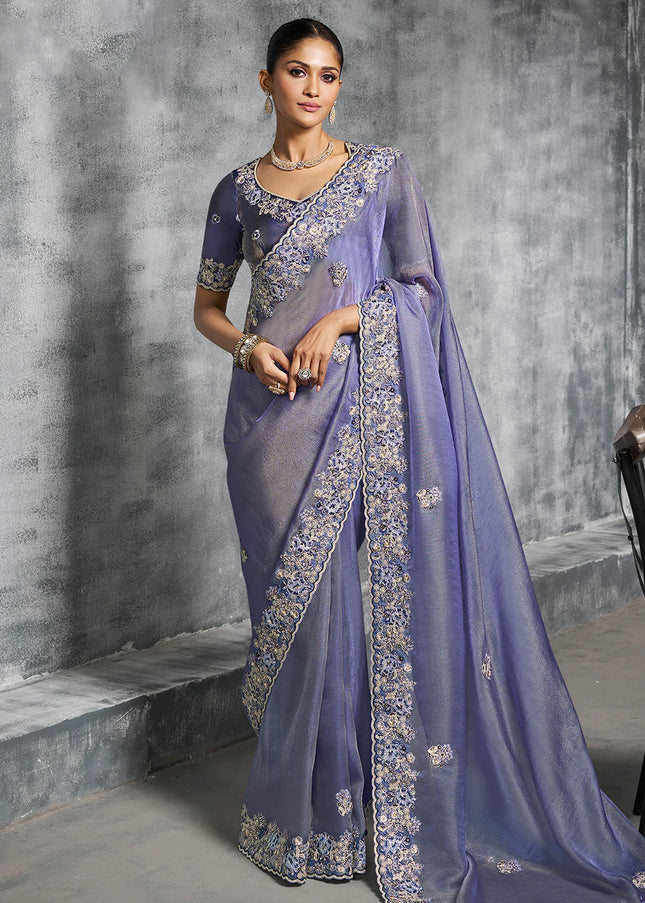 Lavender Embroidered Wedding Saree