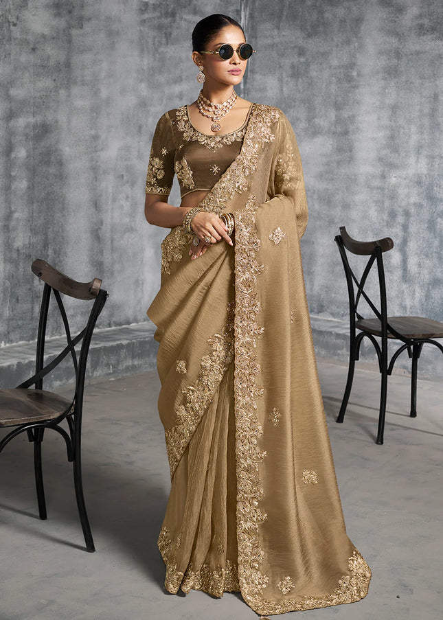 Beige and Brown Embroidered Wedding Saree