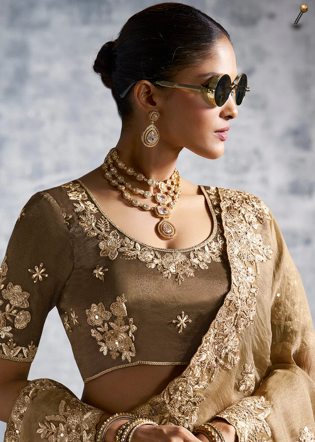 Beige and Brown Embroidered Wedding Saree