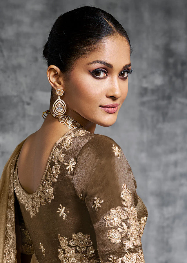 Beige and Brown Embroidered Wedding Saree
