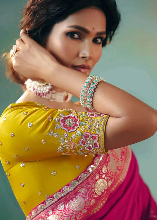 Pink and Yellow Embroidered Wedding Saree