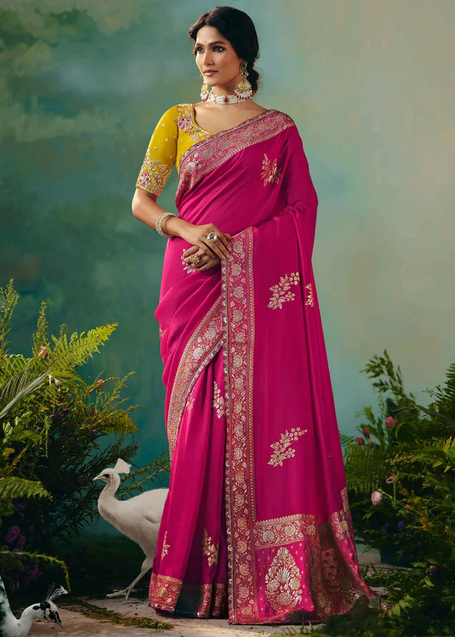 Pink and Yellow Embroidered Wedding Saree