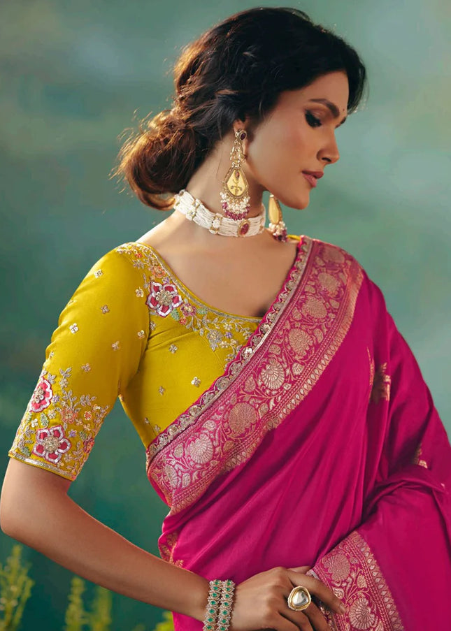 Pink and Yellow Embroidered Wedding Saree