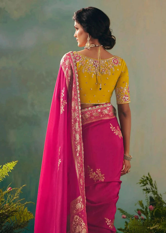Pink and Yellow Embroidered Wedding Saree