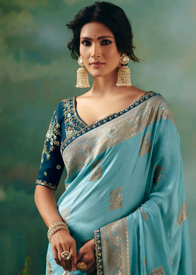 Blue Embroidered Wedding Saree
