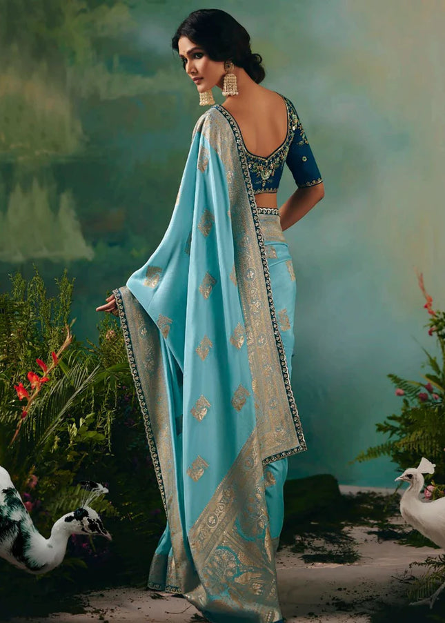Blue Embroidered Wedding Saree