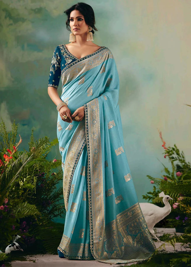 Blue Embroidered Wedding Saree