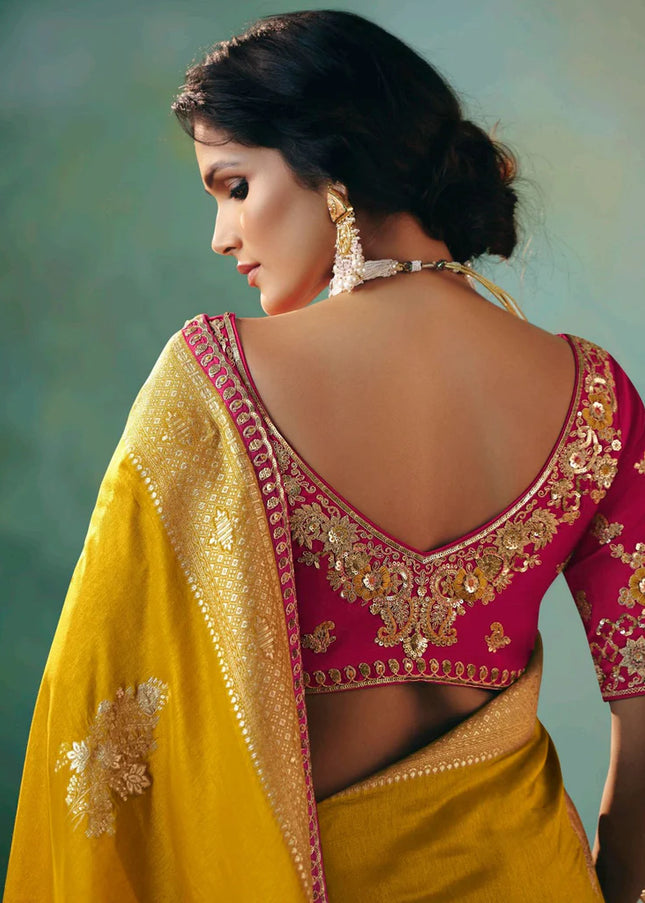 Yellow and Pink Embroidered Wedding Saree
