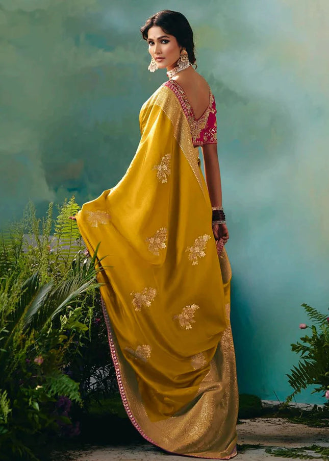 Yellow and Pink Embroidered Wedding Saree