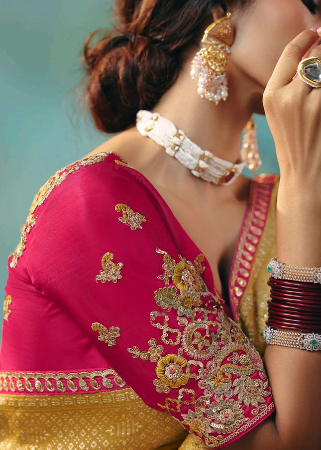 Yellow and Pink Embroidered Wedding Saree