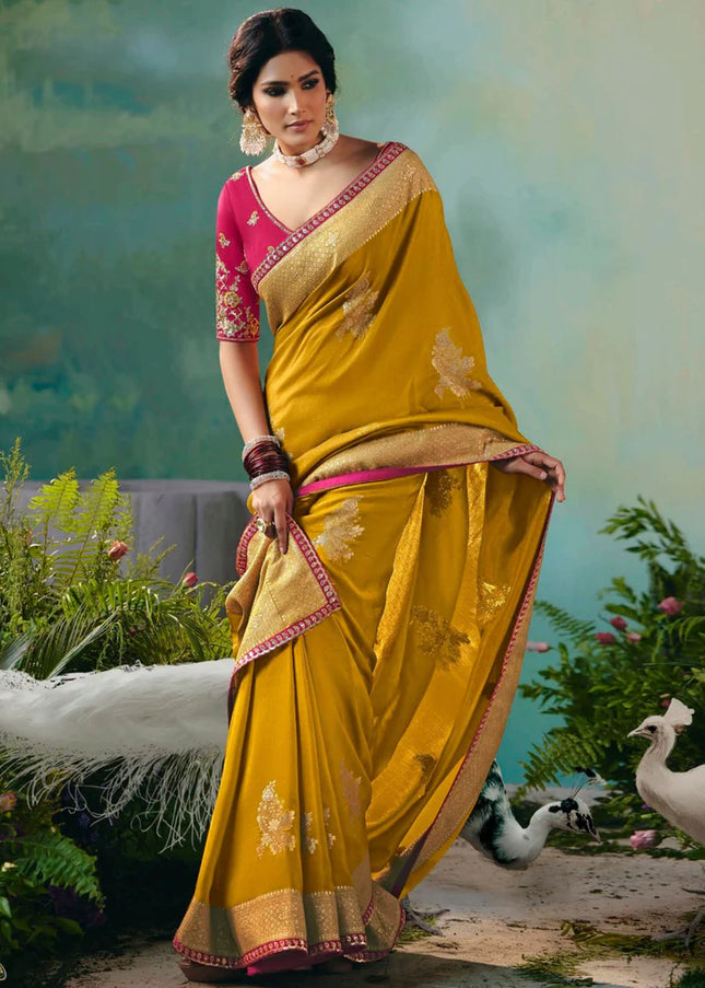 Yellow and Pink Embroidered Wedding Saree