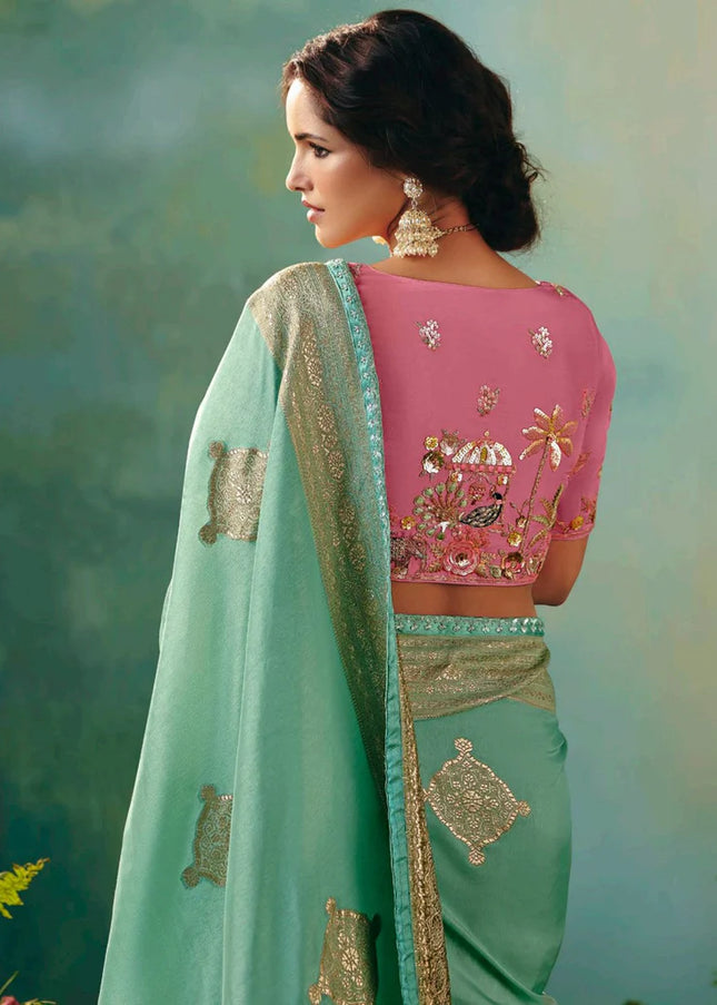 Sea Green and Pink Embroidered Wedding Saree