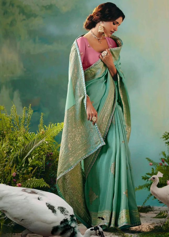 Sea Green and Pink Embroidered Wedding Saree
