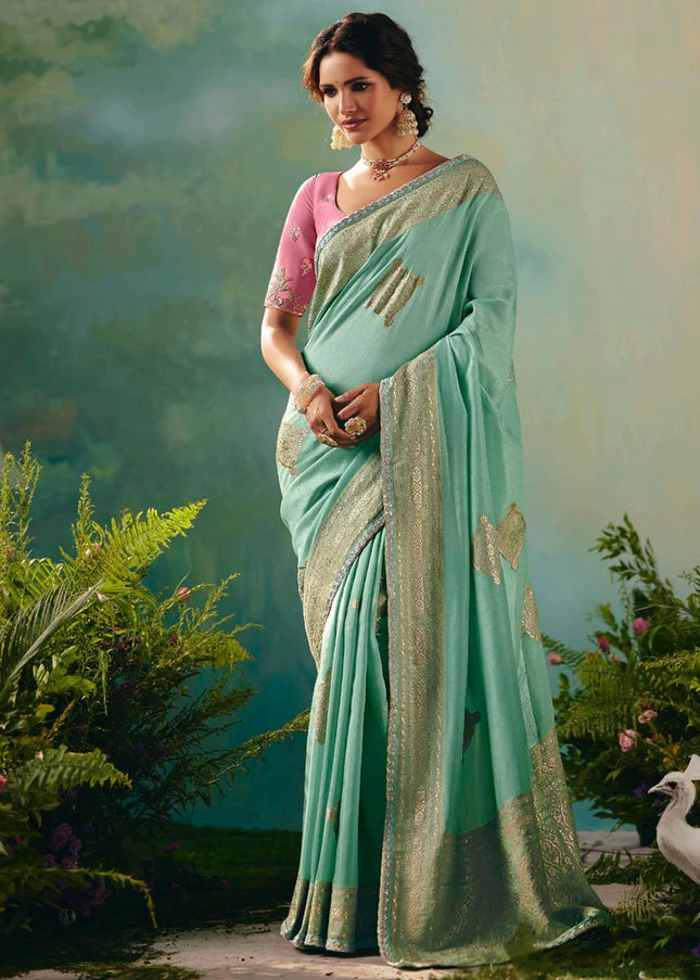 Sea Green and Pink Embroidered Wedding Saree