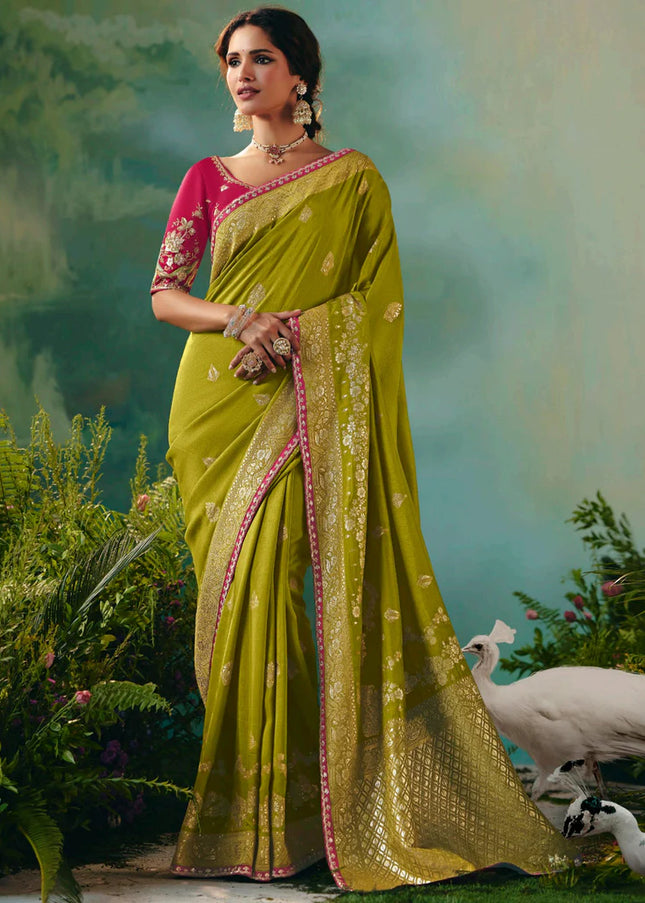 Green and Pink Embroidered Wedding Saree