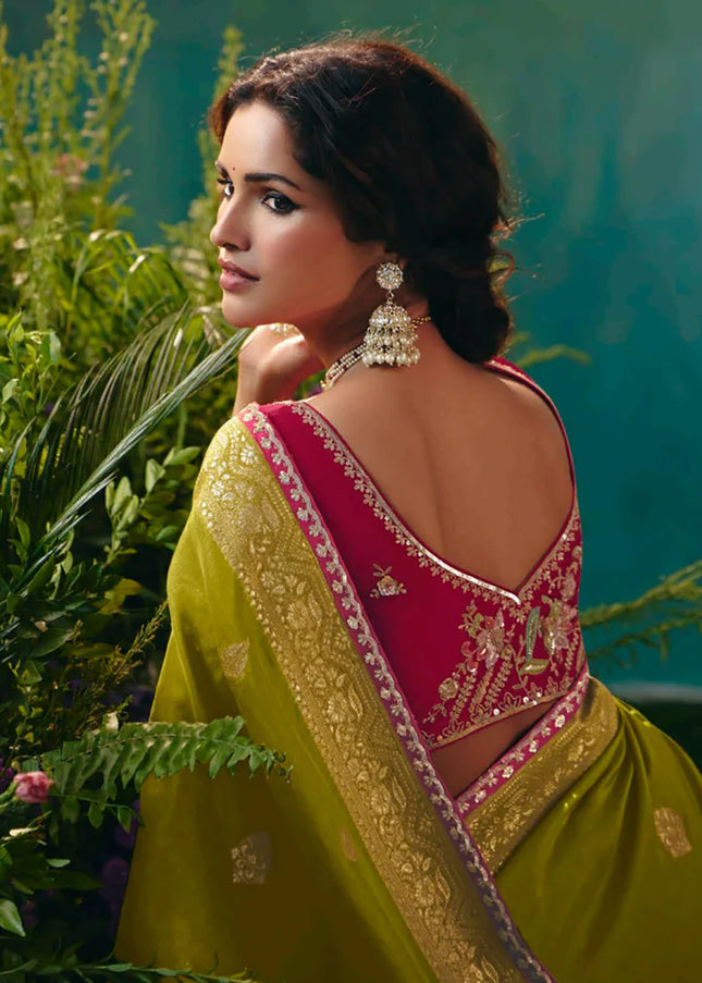 Green and Pink Embroidered Wedding Saree