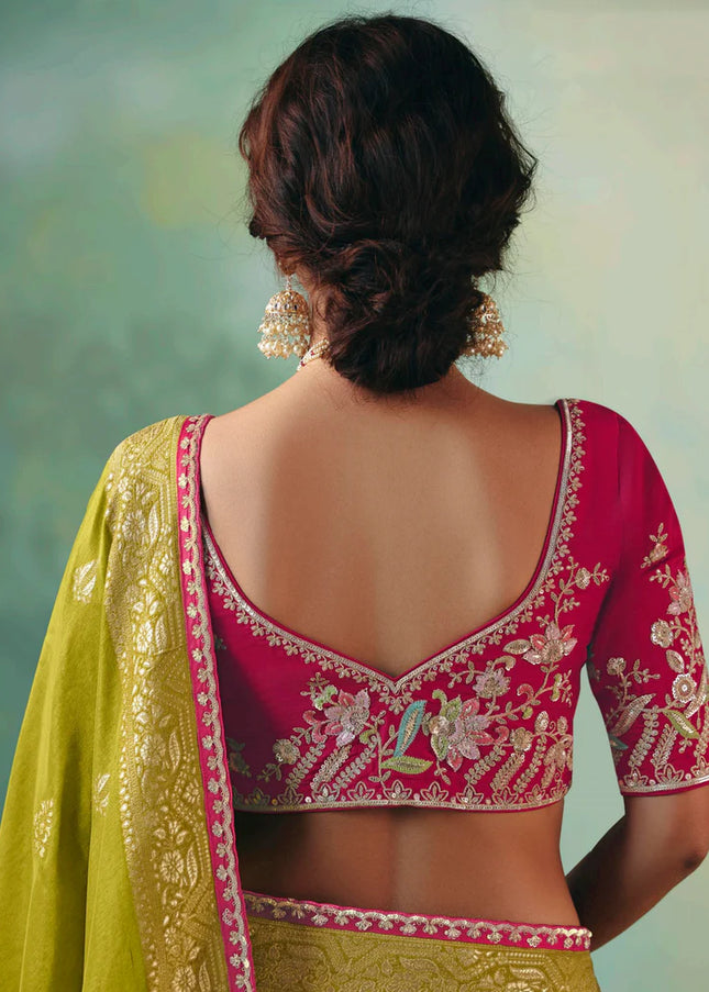 Green and Pink Embroidered Wedding Saree