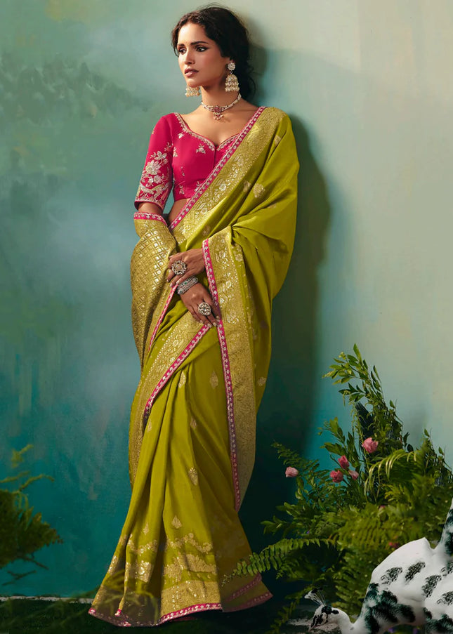 Green and Pink Embroidered Wedding Saree