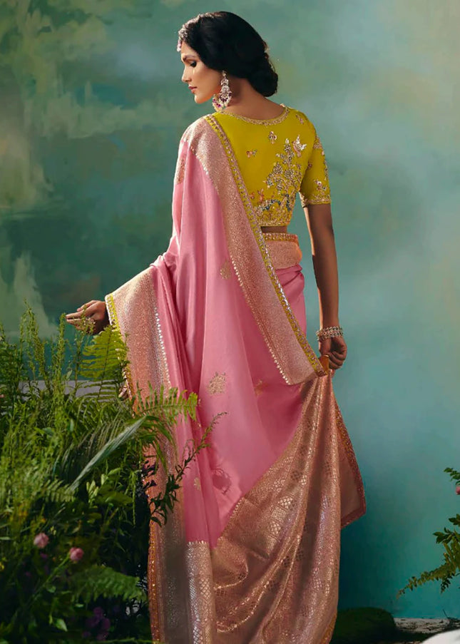 Pink and Green Embroidered Wedding Saree