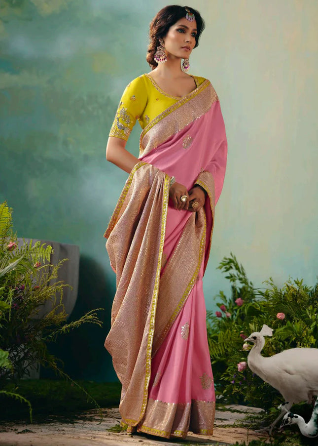 Pink and Green Embroidered Wedding Saree