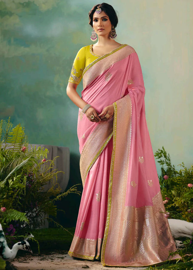 Pink and Green Embroidered Wedding Saree