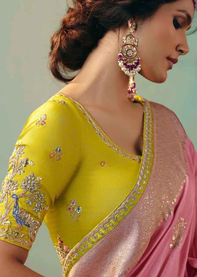 Pink and Green Embroidered Wedding Saree