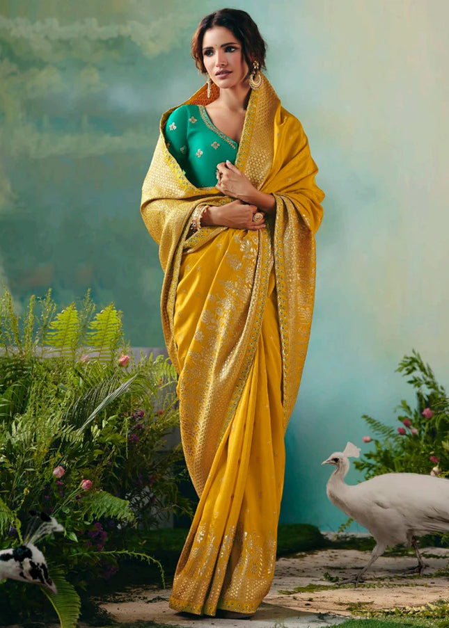 Yellow and Teal Embroidered Wedding Saree